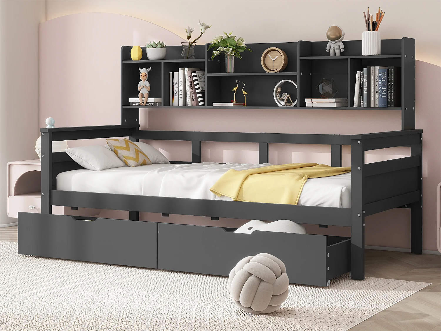 Canapé lit 90x200 cm - avec 2 tiroirs et étagères - en bois massif - Noir