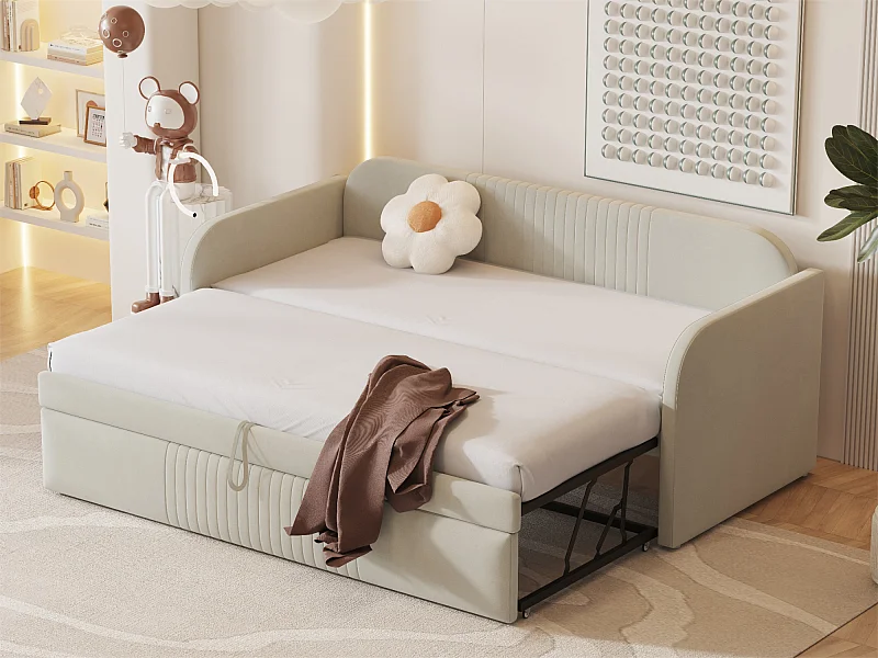 Onderschuifbed 90/180x190 cm - slaapbank in linnenstof - met lattenbodem - Beige