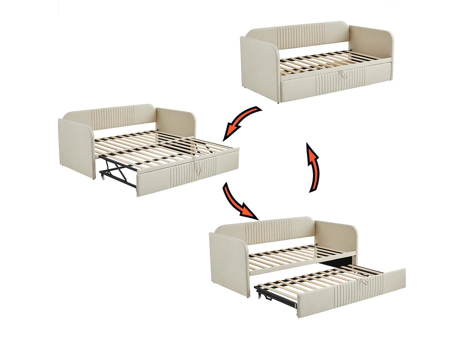 Ausziehbett 90/180x190 cm – Schlafsofa aus Leinenstoff – mit Lattenrost – Beige