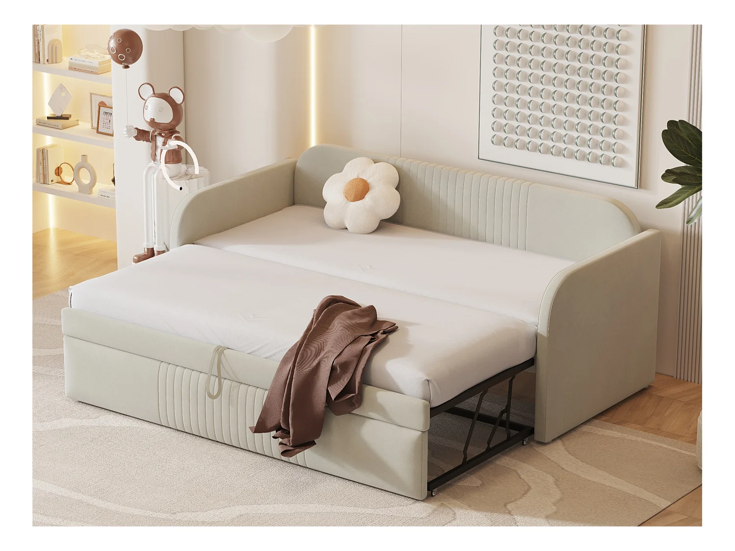 Lit gigogne 90/180x190 cm - lit canapé en tissu lin - avec sommier à lattes - Beige
