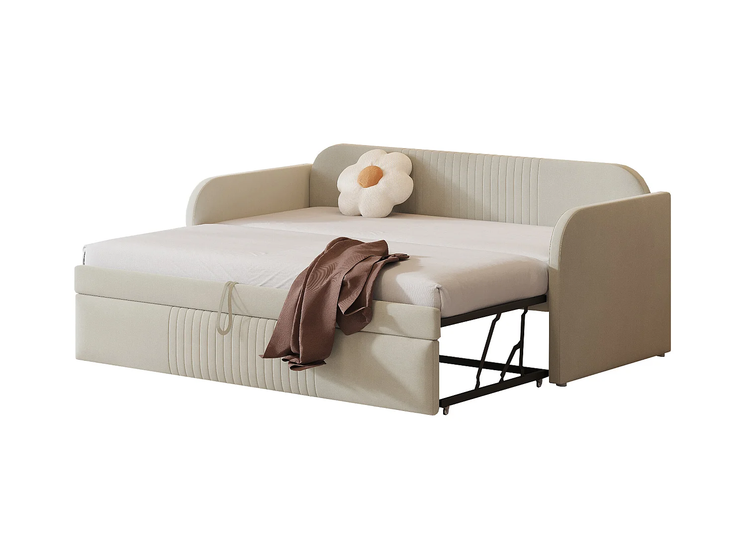 Onderschuifbed 90/180x190 cm - slaapbank in linnenstof - met lattenbodem - Beige