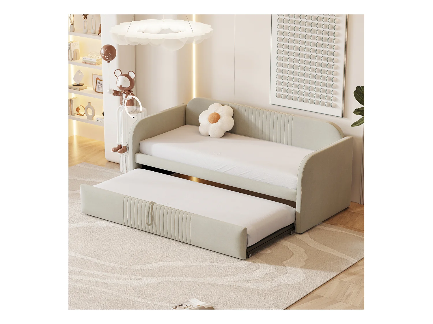 Onderschuifbed 90/180x190 cm - slaapbank in linnenstof - met lattenbodem - Beige