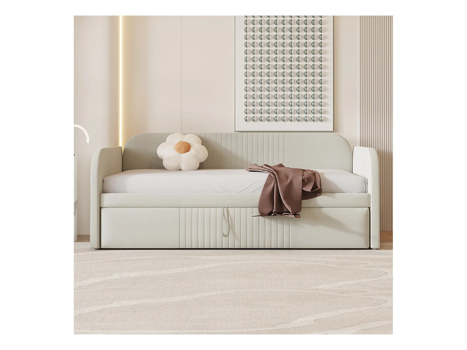 Onderschuifbed 90/180x190 cm - slaapbank in linnenstof - met lattenbodem - Beige