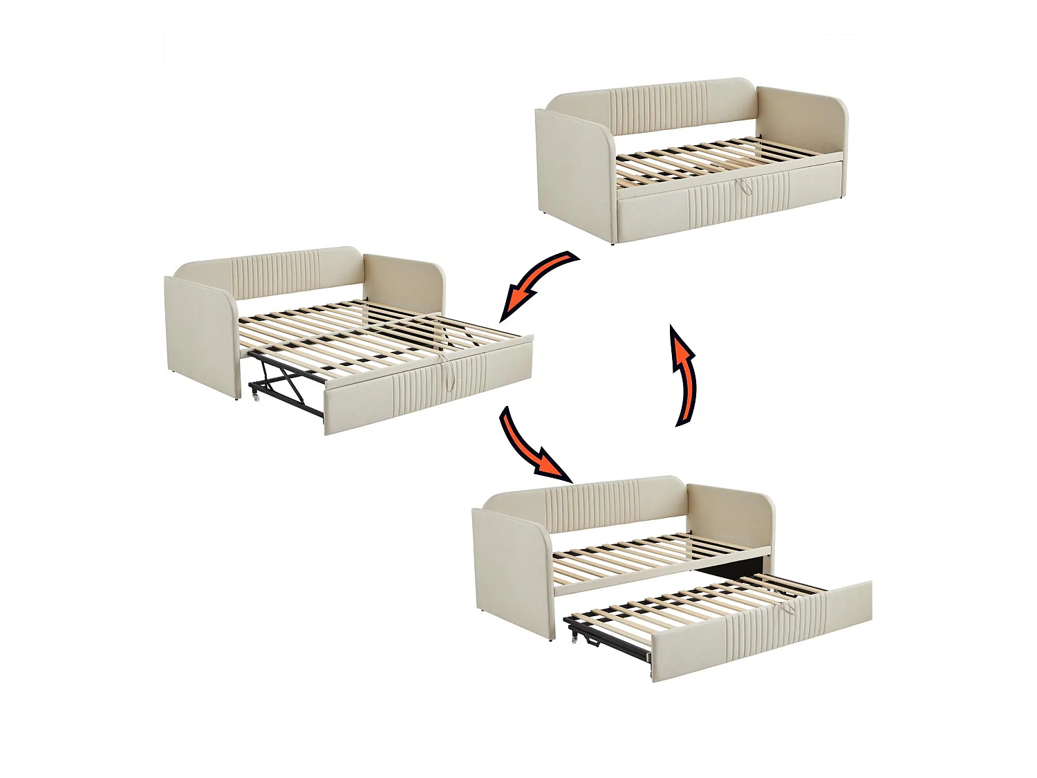 Onderschuifbed 90/180x190 cm - slaapbank in linnenstof - met lattenbodem - Beige