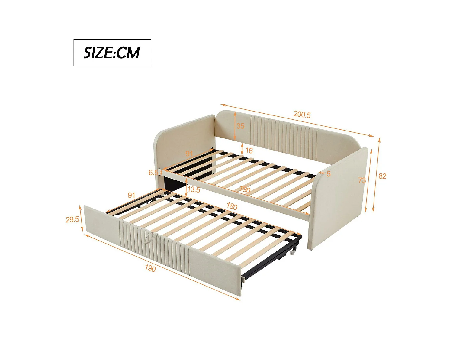 Onderschuifbed 90/180x190 cm - slaapbank in linnenstof - met lattenbodem - Beige