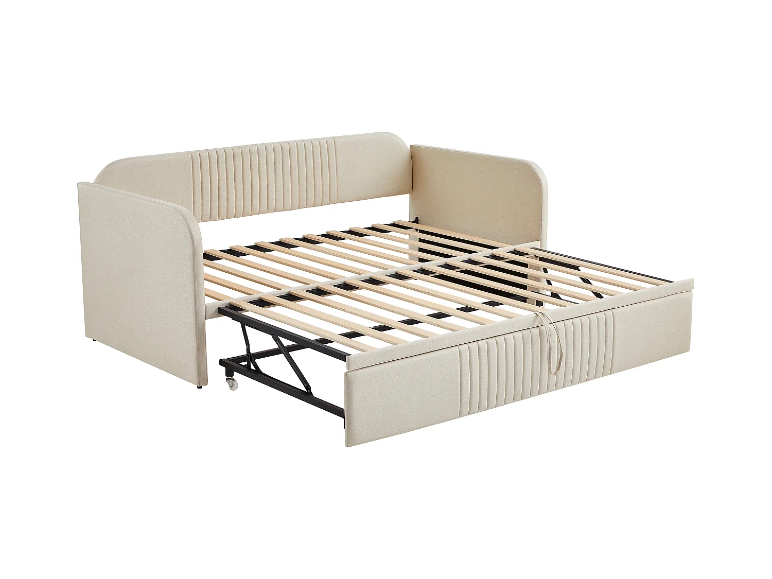 Onderschuifbed 90/180x190 cm - slaapbank in linnenstof - met lattenbodem - Beige