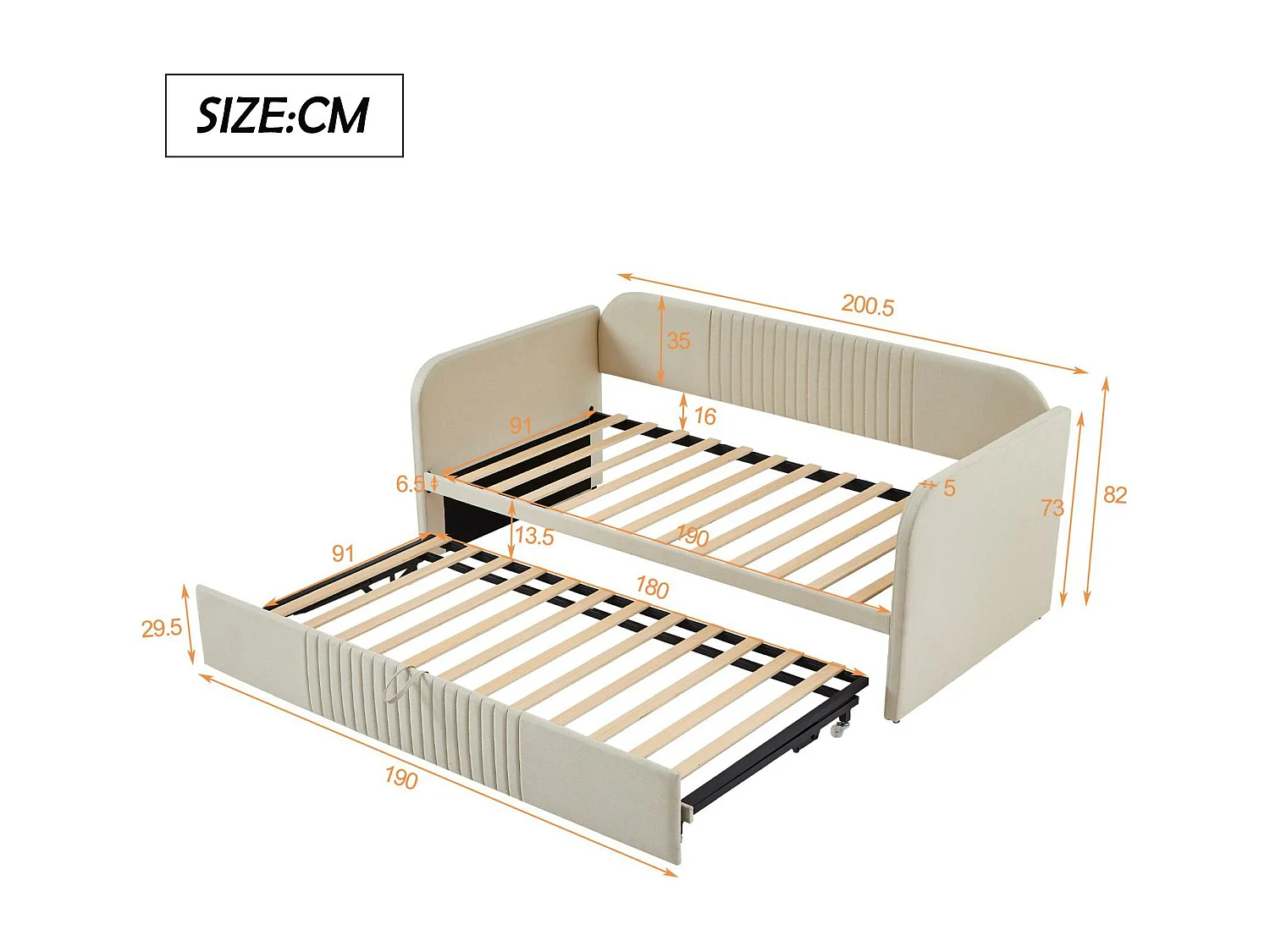 Ausziehbett 90/180x190 cm – Schlafsofa aus Leinenstoff – mit Lattenrost – Beige