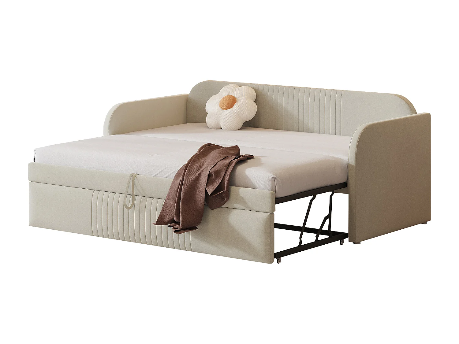 Ausziehbett 90/180x190 cm – Schlafsofa aus Leinenstoff – mit Lattenrost – Beige