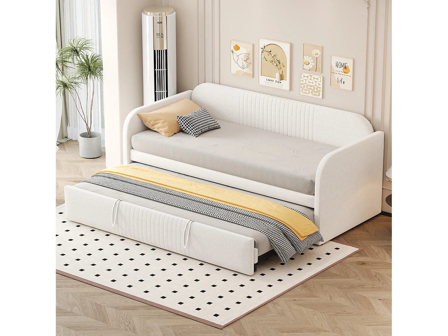 Onderschuifbed 90/180x190 cm - slaapbank in linnenstof - met lattenbodem - Beige