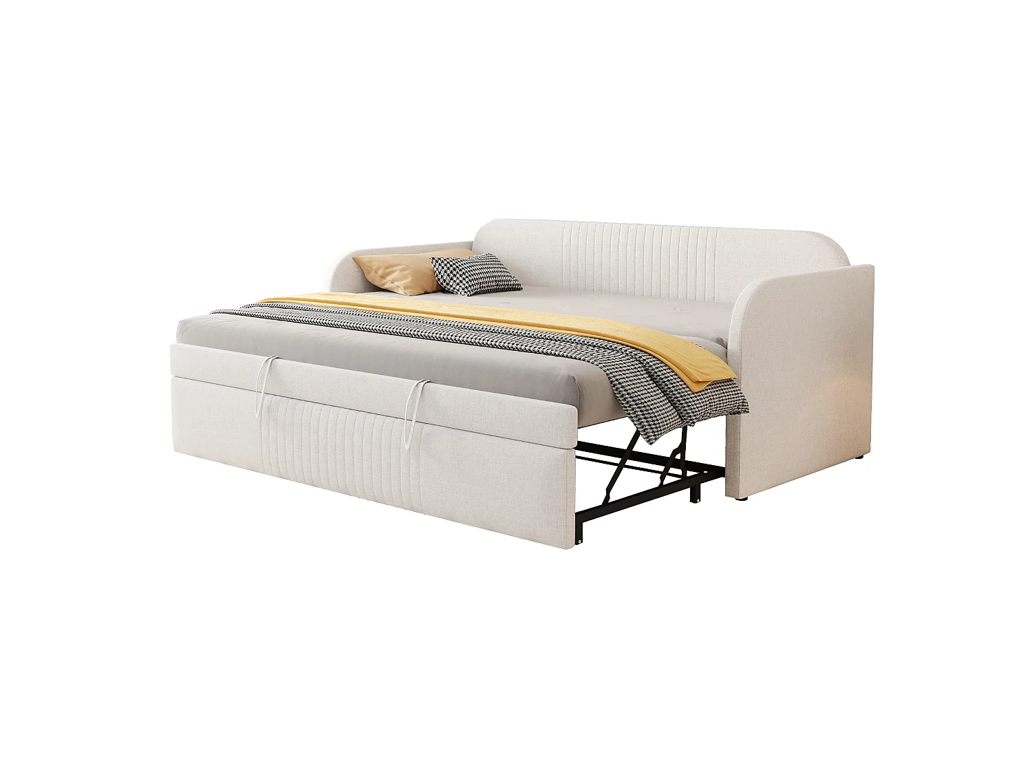 Onderschuifbed 90/180x190 cm - slaapbank in linnenstof - met lattenbodem - Beige