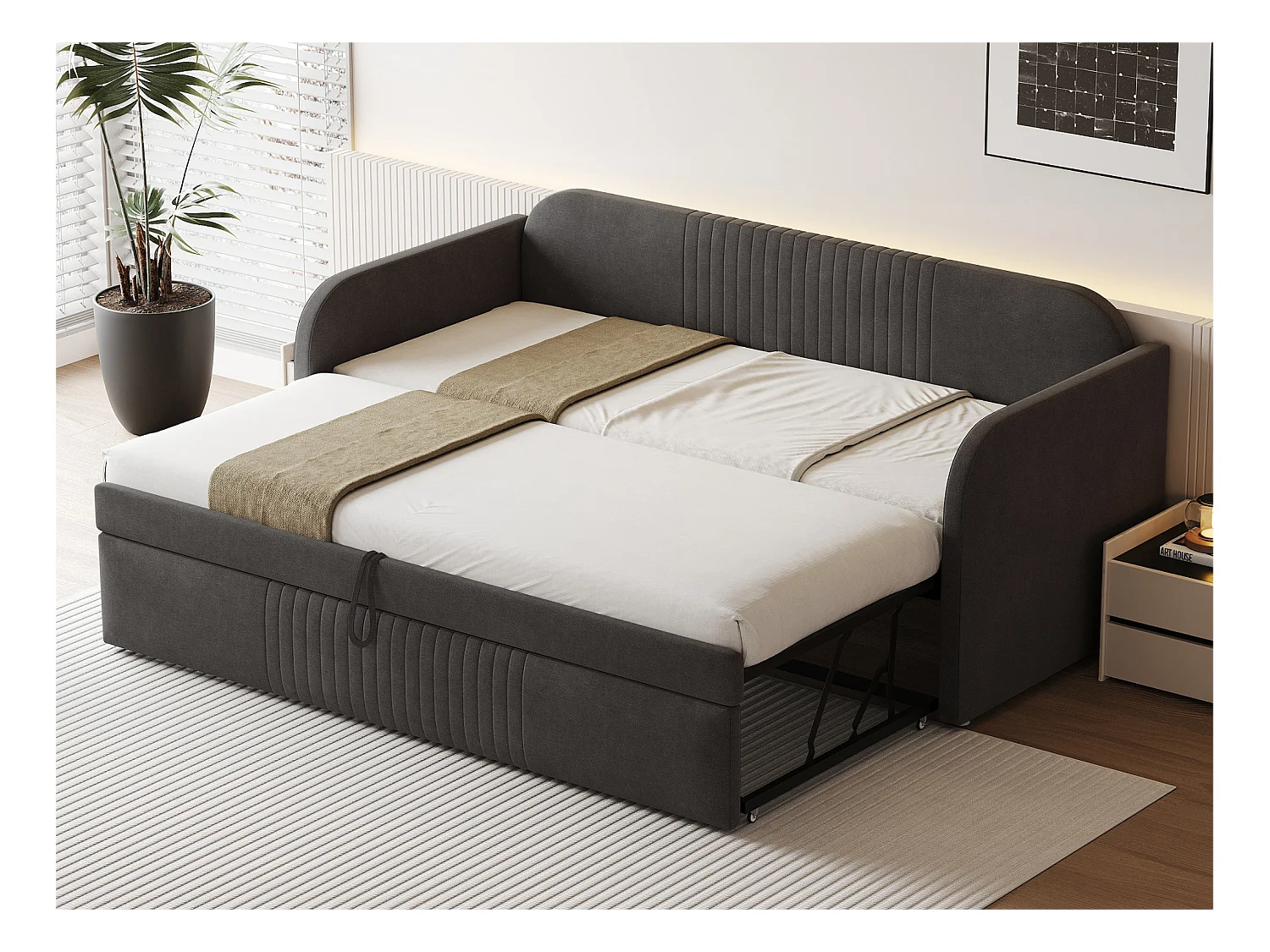 Lit gigogne 90/180x190 cm - lit canapé en tissu lin - avec sommier à lattes - Gris