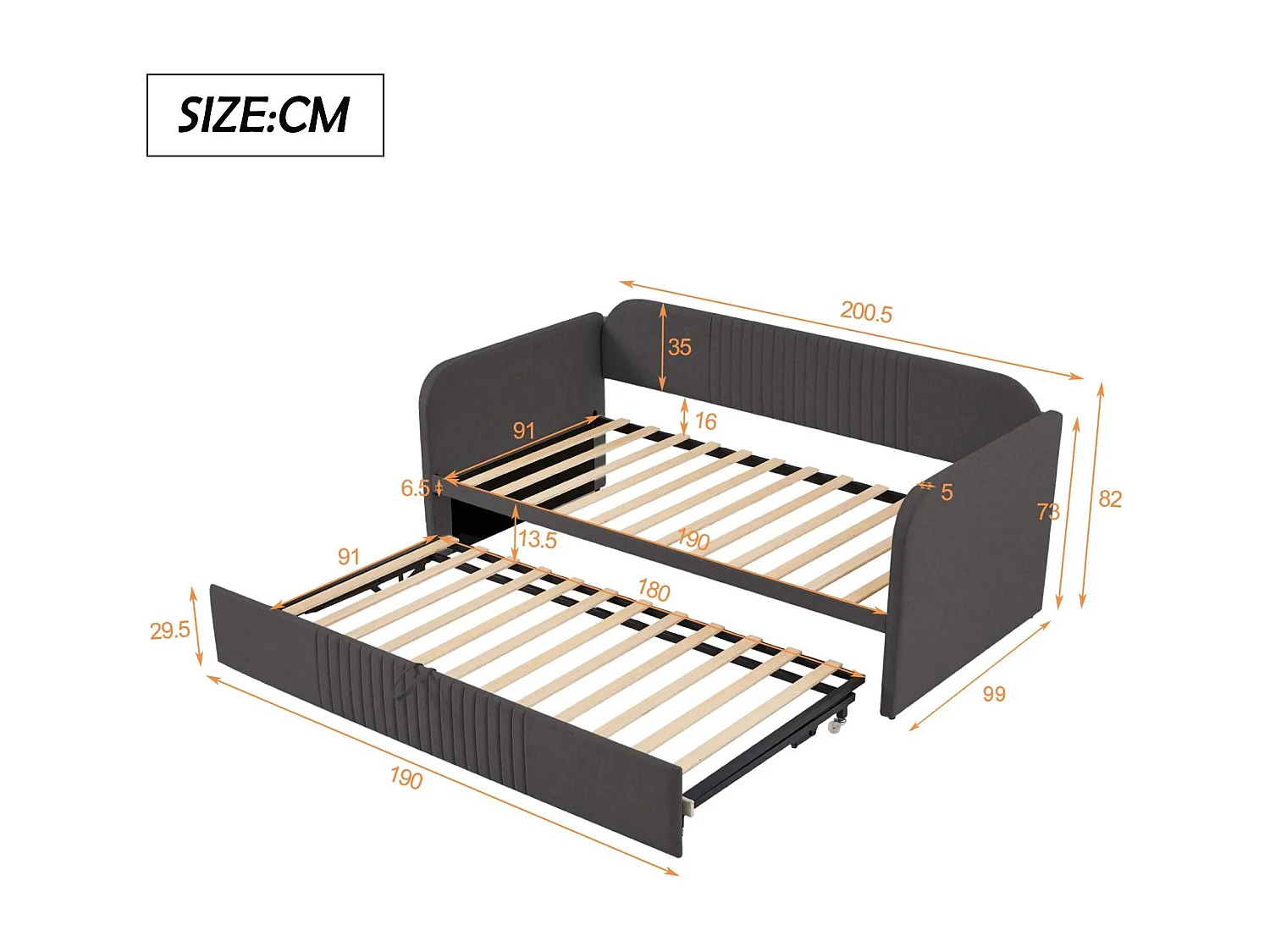 Ausziehbett 90/180x190 cm – Schlafsofa aus Leinenstoff – mit Lattenrost – Grau