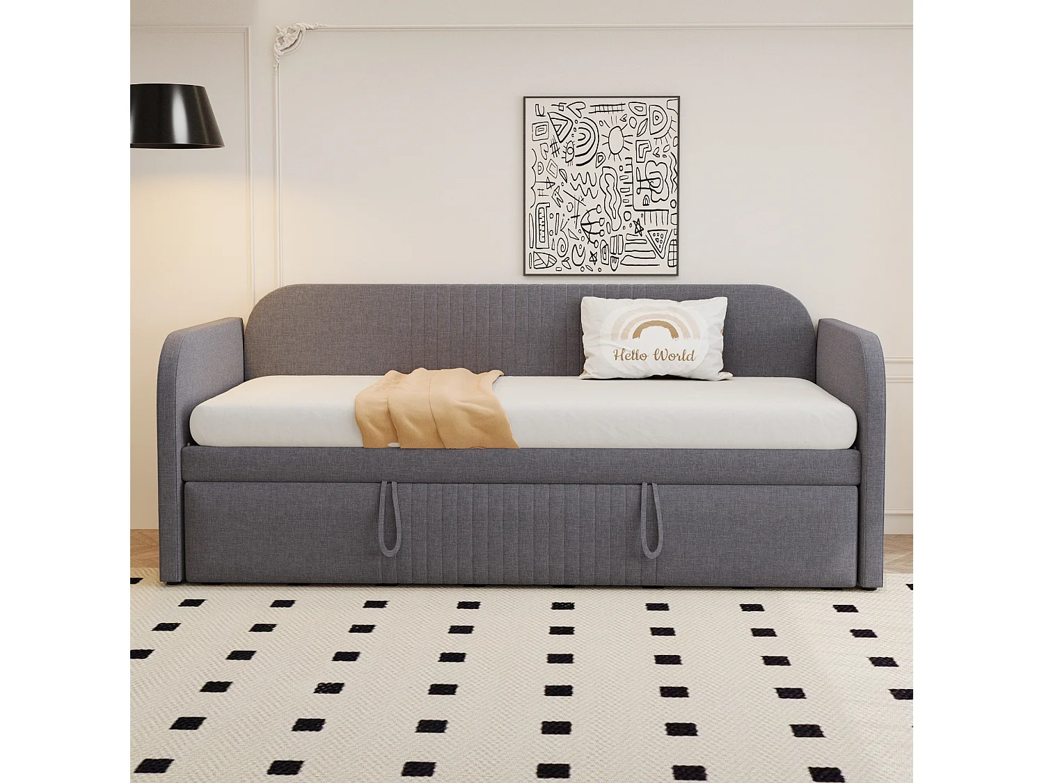 Lit gigogne 90/180x190 cm - lit canapé en tissu lin - avec sommier à lattes - Gris