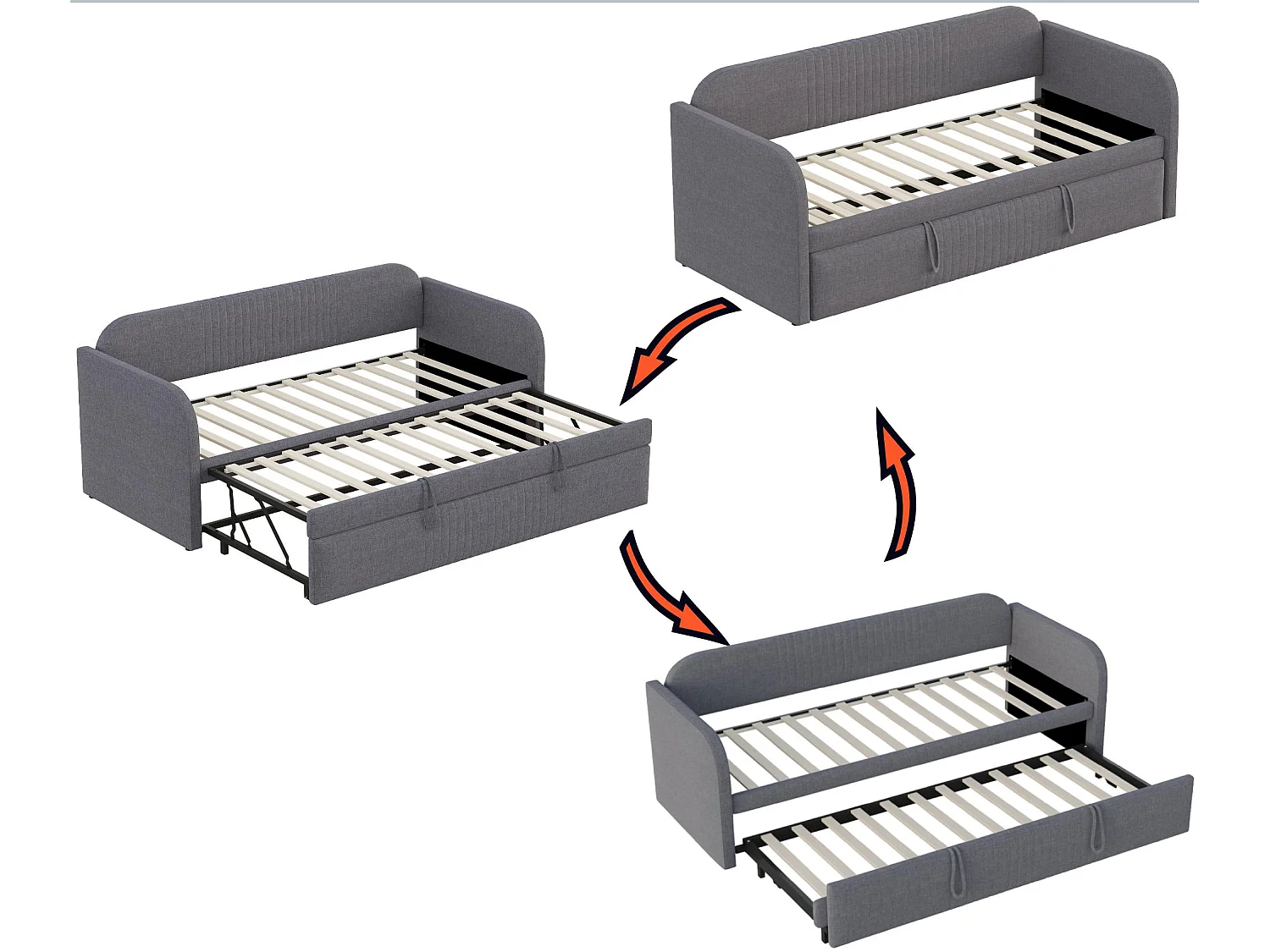 Lit gigogne 90/180x190 cm - lit canapé en tissu lin - avec sommier à lattes - Gris