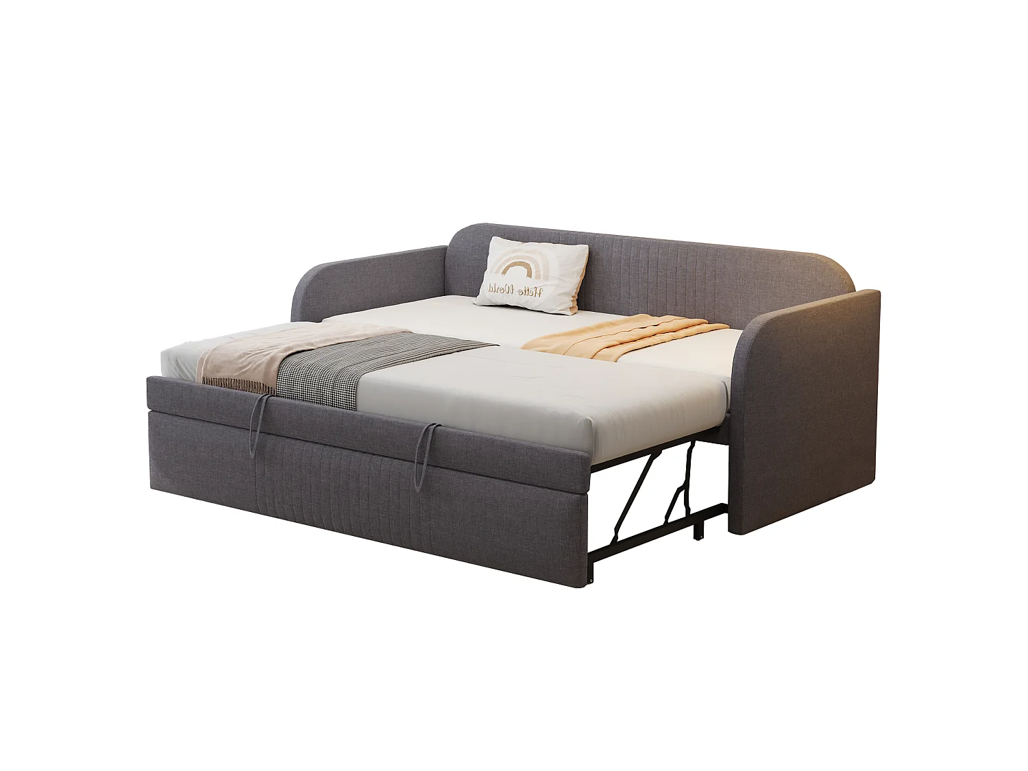 Lit gigogne 90/180x190 cm - lit canapé en tissu lin - avec sommier à lattes - Gris