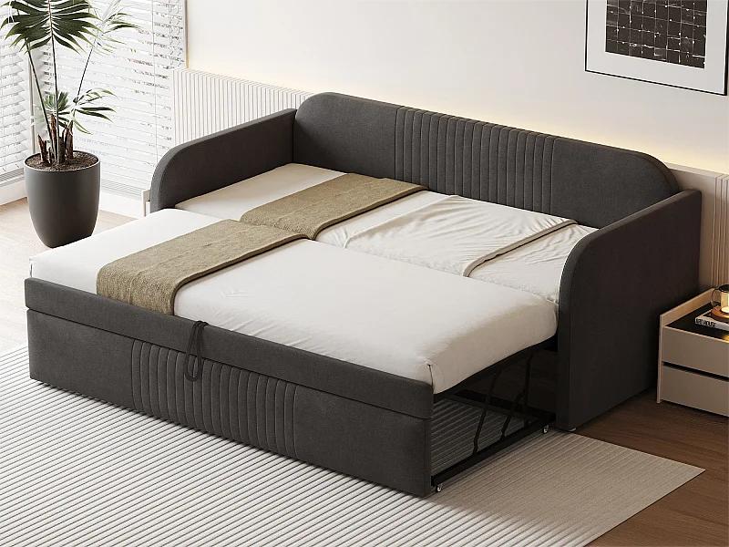 Lit gigogne 90/180x190 cm - lit canapé en tissu lin - avec sommier à lattes - Gris