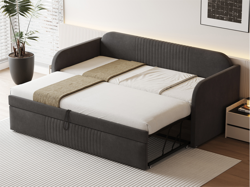 Cama com gavetão 90/180x190 cm - sofá cama em tecido de linho - com base de ripas - Cinza
