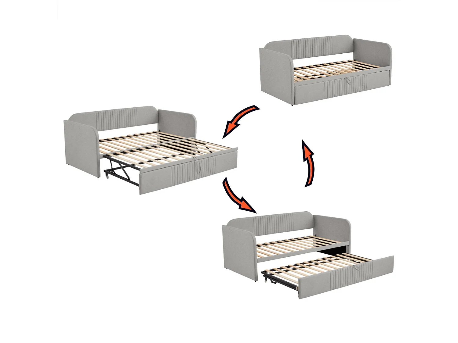 Lit gigogne 90/180x190 cm - lit canapé en tissu lin - avec sommier à lattes - Gris clair