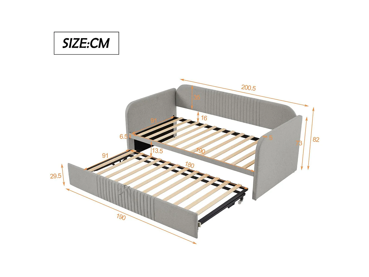 Lit gigogne 90/180x190 cm - lit canapé en tissu lin - avec sommier à lattes - Gris clair