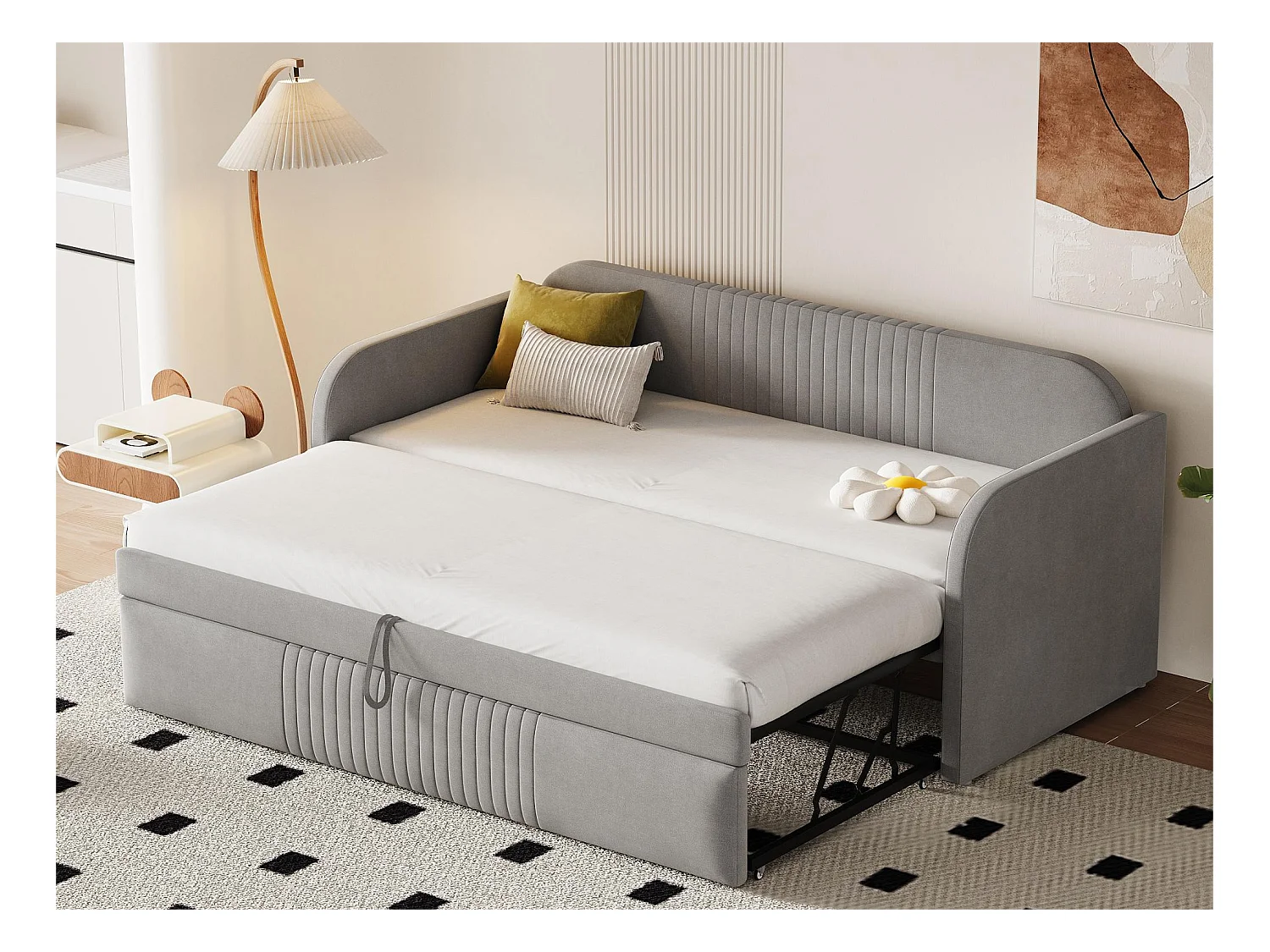 Lit gigogne 90/180x190 cm - lit canapé en tissu lin - avec sommier à lattes - Gris clair