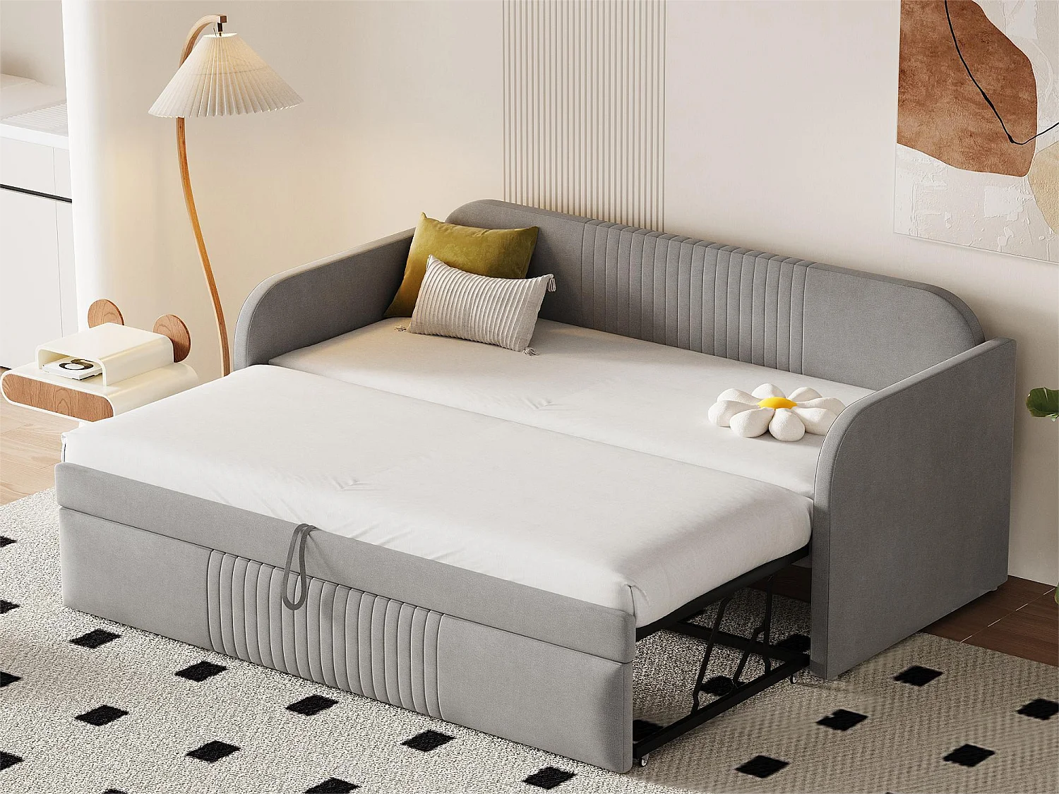 Ausziehbett 90/180x190 cm – Schlafsofa aus Leinenstoff – mit Lattenrost – Hellgrau