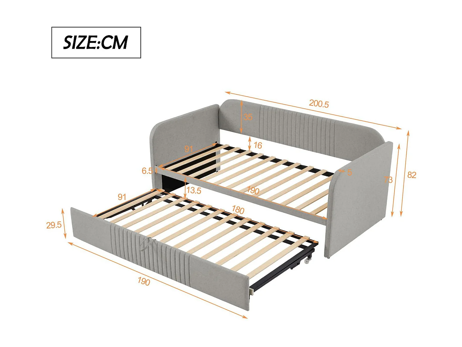Ausziehbett 90/180x190 cm – Schlafsofa aus Leinenstoff – mit Lattenrost – Hellgrau