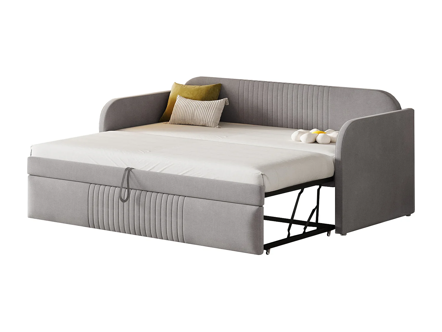 Ausziehbett 90/180x190 cm – Schlafsofa aus Leinenstoff – mit Lattenrost – Hellgrau