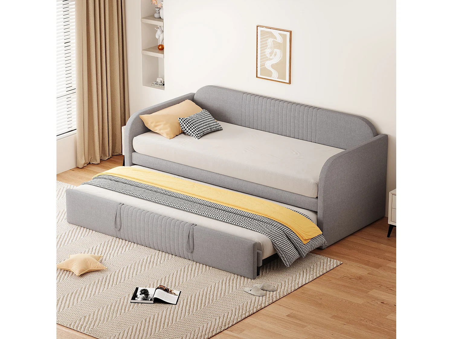 Lit gigogne 90/180x190 cm - lit canapé en tissu lin - avec sommier à lattes - Gris clair