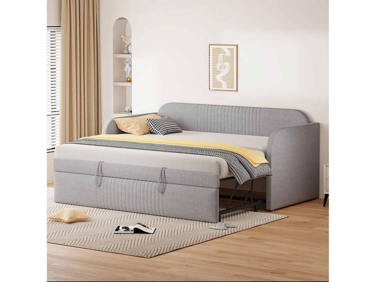 Lit gigogne 90/180x190 cm - lit canapé en tissu lin - avec sommier à lattes - Gris clair