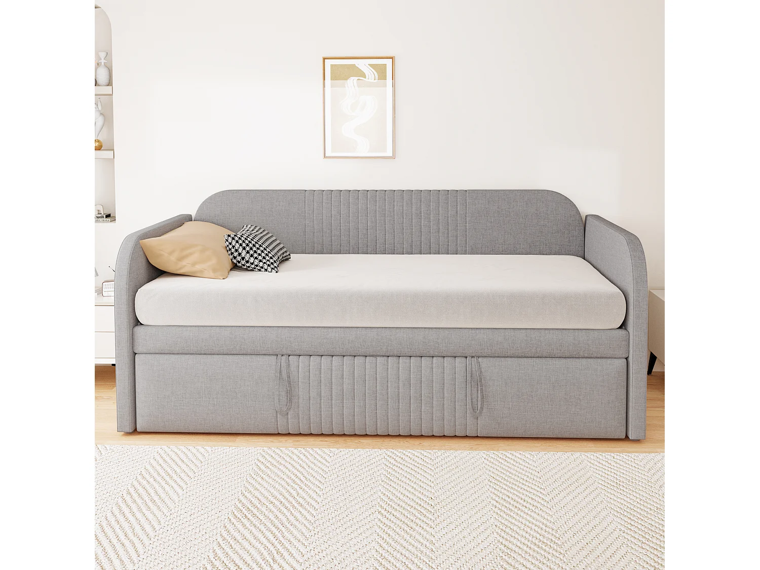 Lit gigogne 90/180x190 cm - lit canapé en tissu lin - avec sommier à lattes - Gris clair