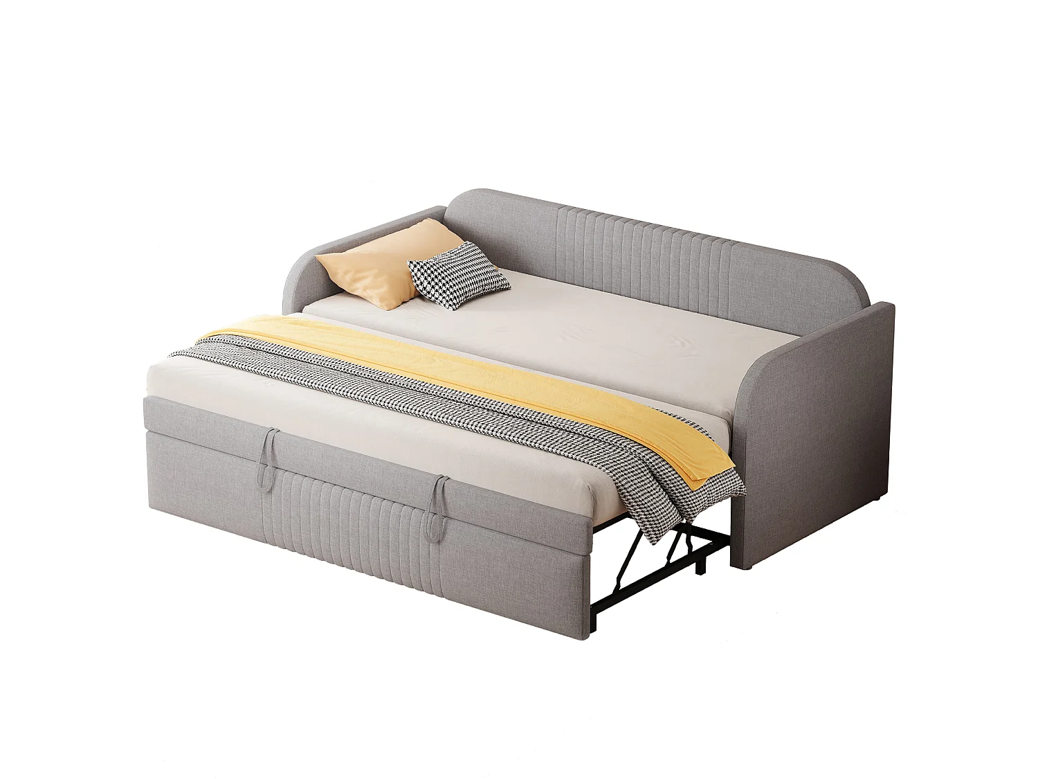 Lit gigogne 90/180x190 cm - lit canapé en tissu lin - avec sommier à lattes - Gris clair