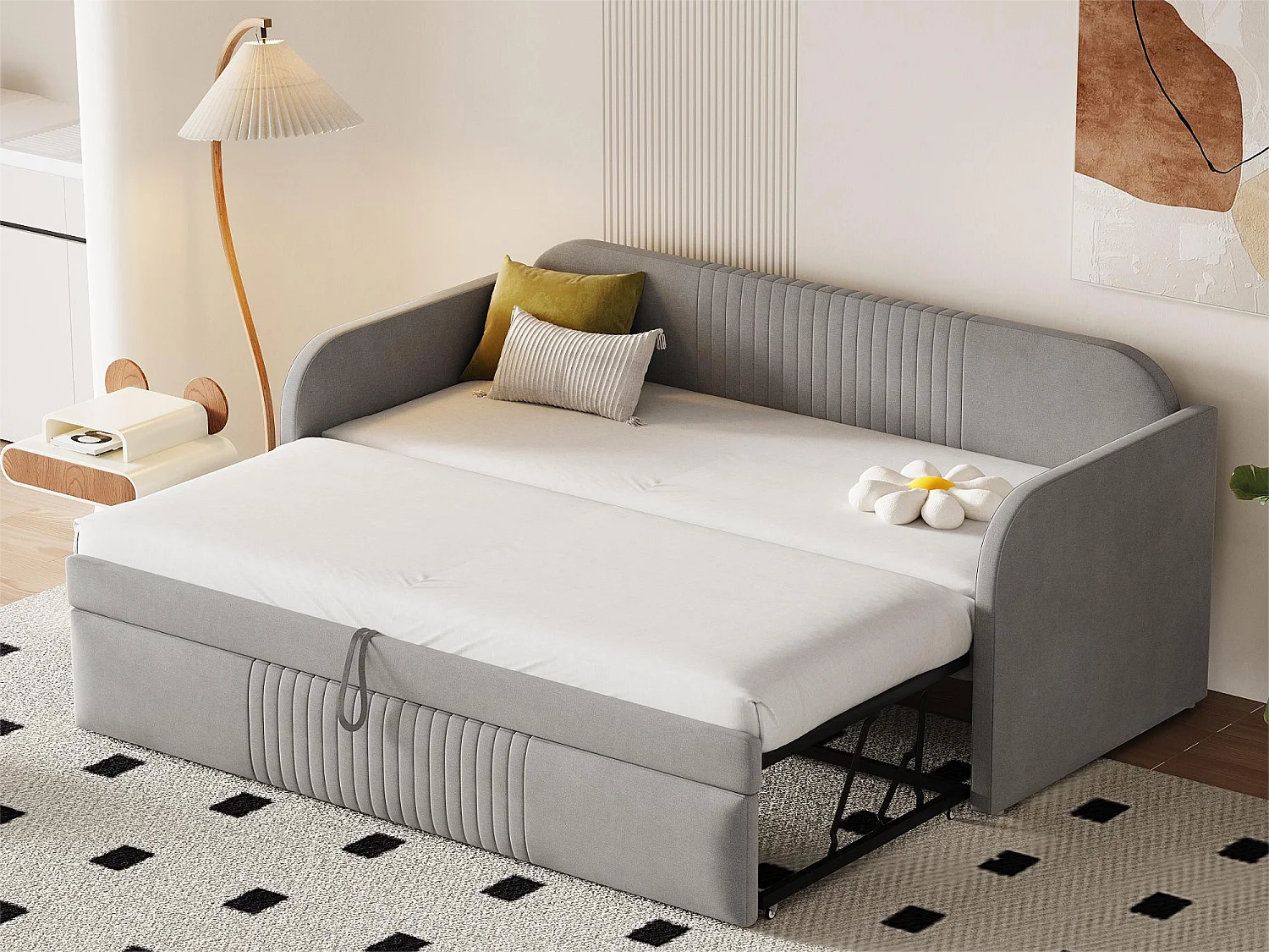 Letto estraibile 90/180x190 cm - divano letto in tessuto di lino - con rete a doghe - Grigio chiaro