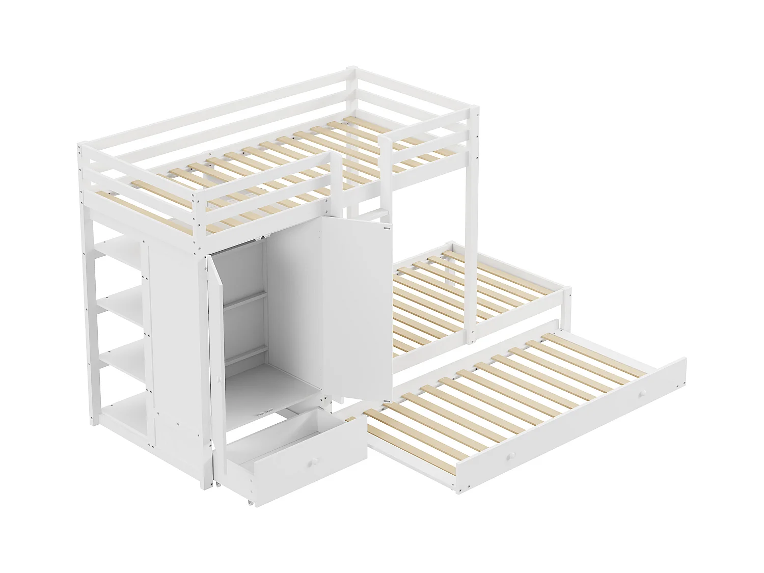 Kombiniertes Etagenbett 2x90x200 cm + Ausziehbett 90x190 cm – mit 1 Kleiderschrank, 2 Schubladen und Regalen – Weiß