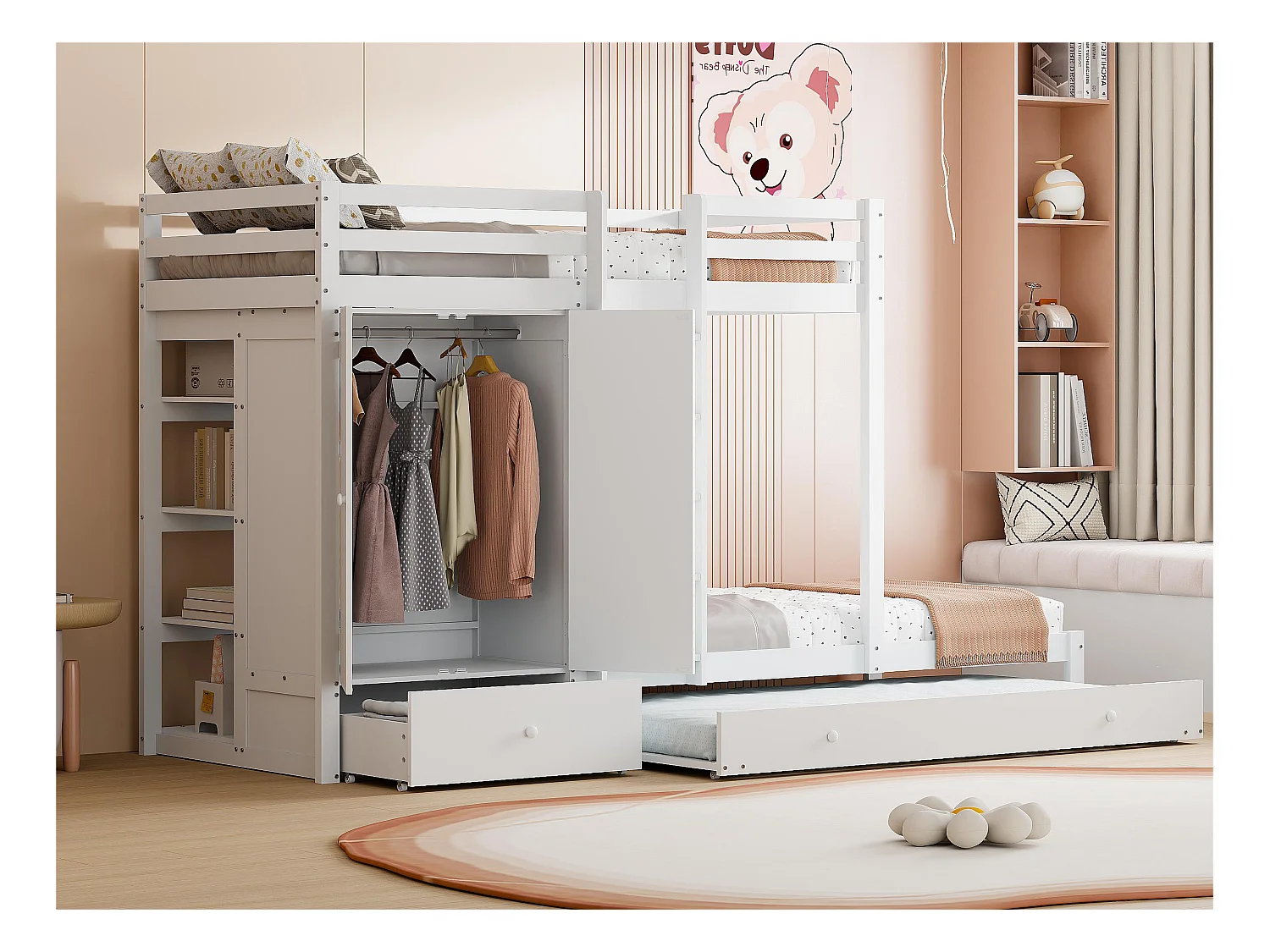 Lit superposé combiné 2x90x200 cm + lit gigogne 90x190 cm - avec 1 penderie、2 tiroirs et étagères - Blanc