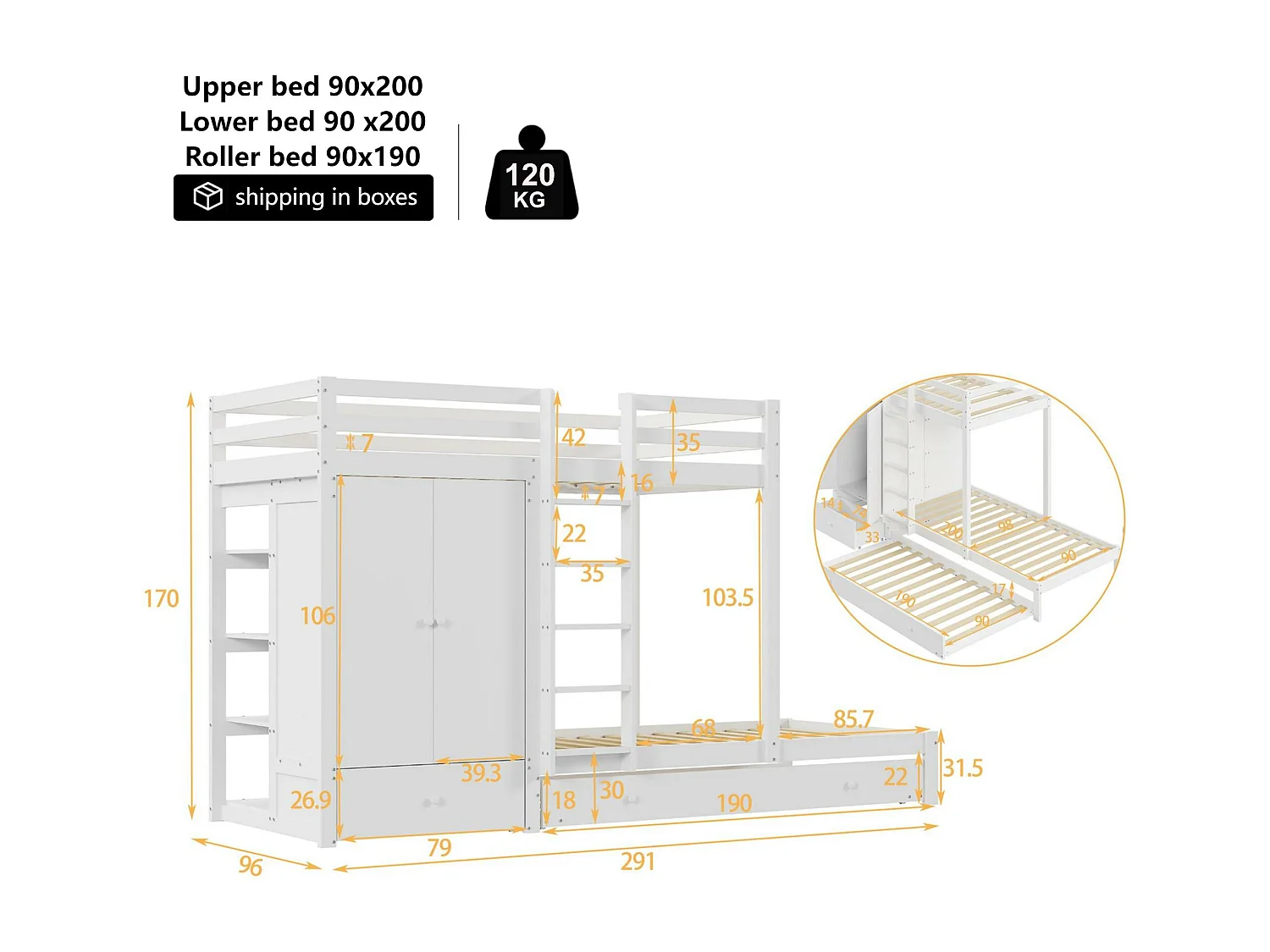 Litera combinada 2x90x200 cm + cama nido 90x190 cm - con 1 armario, 2 cajones y estantes - Blanco