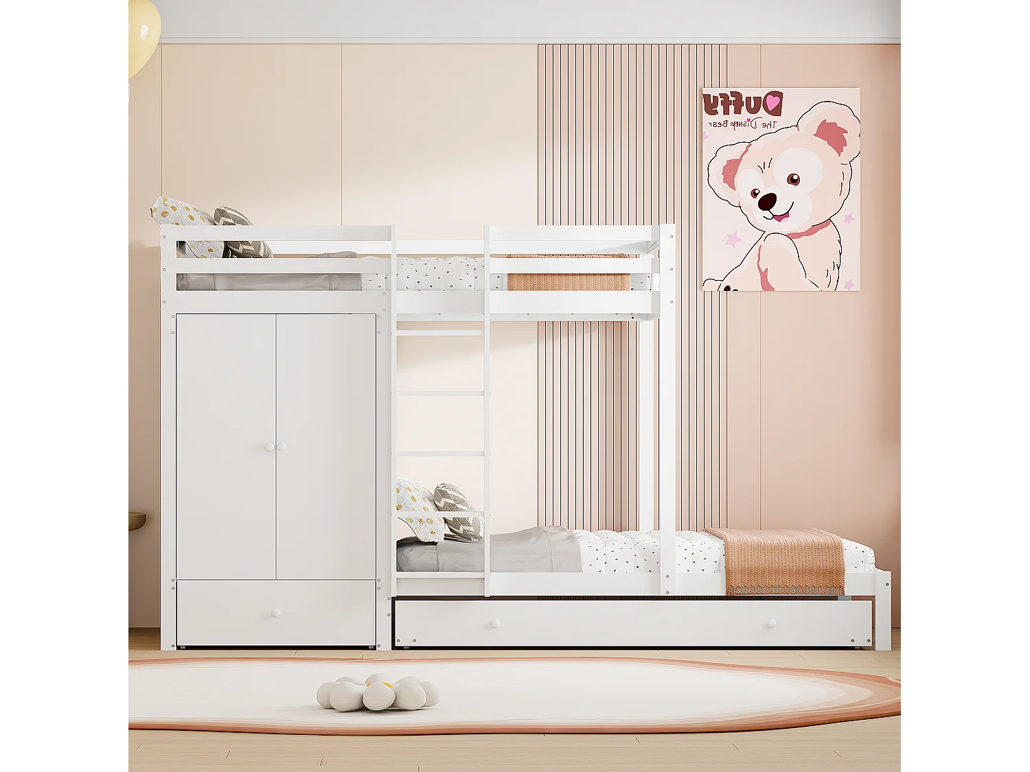 Lit superposé combiné 2x90x200 cm + lit gigogne 90x190 cm - avec 1 penderie、2 tiroirs et étagères - Blanc