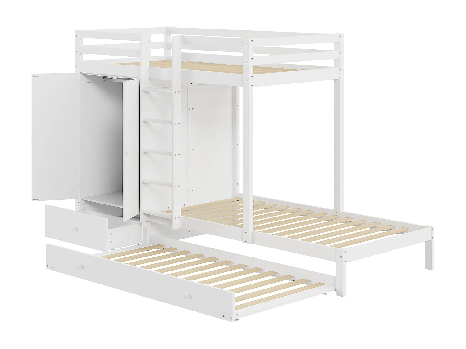 Lit superposé combiné 2x90x200 cm + lit gigogne 90x190 cm - avec 1 penderie、2 tiroirs et étagères - Blanc