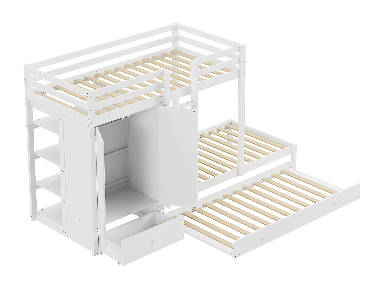 Lit superposé combiné 2x90x200 cm + lit gigogne 90x190 cm - avec 1 penderie、2 tiroirs et étagères - Blanc
