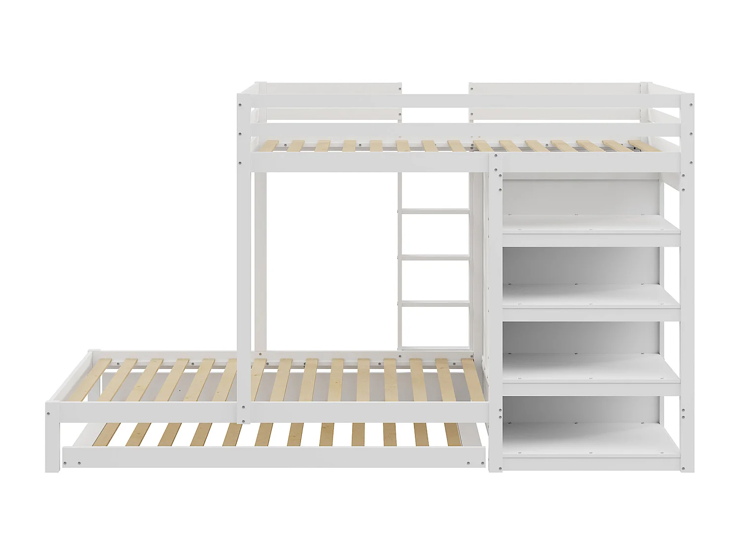 Lit superposé combiné 2x90x200 cm + lit gigogne 90x190 cm - avec 1 penderie、2 tiroirs et étagères - Blanc