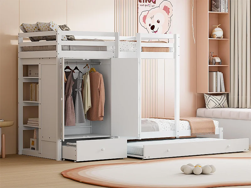 Letto a castello combinato 2x90x200 cm + letto estraibile 90x190 cm - con 1 armadio, 2 cassetti e ripiani - Bianco