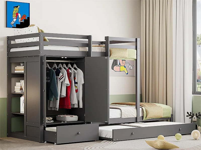 Kombiniertes Etagenbett 2x90x200 cm + Ausziehbett 90x190 cm – mit 1 Kleiderschrank, 2 Schubladen und Regalen – Grau