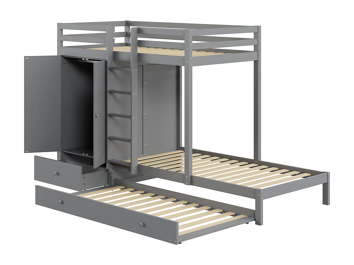 Kombiniertes Etagenbett 2x90x200 cm + Ausziehbett 90x190 cm – mit 1 Kleiderschrank, 2 Schubladen und Regalen – Grau