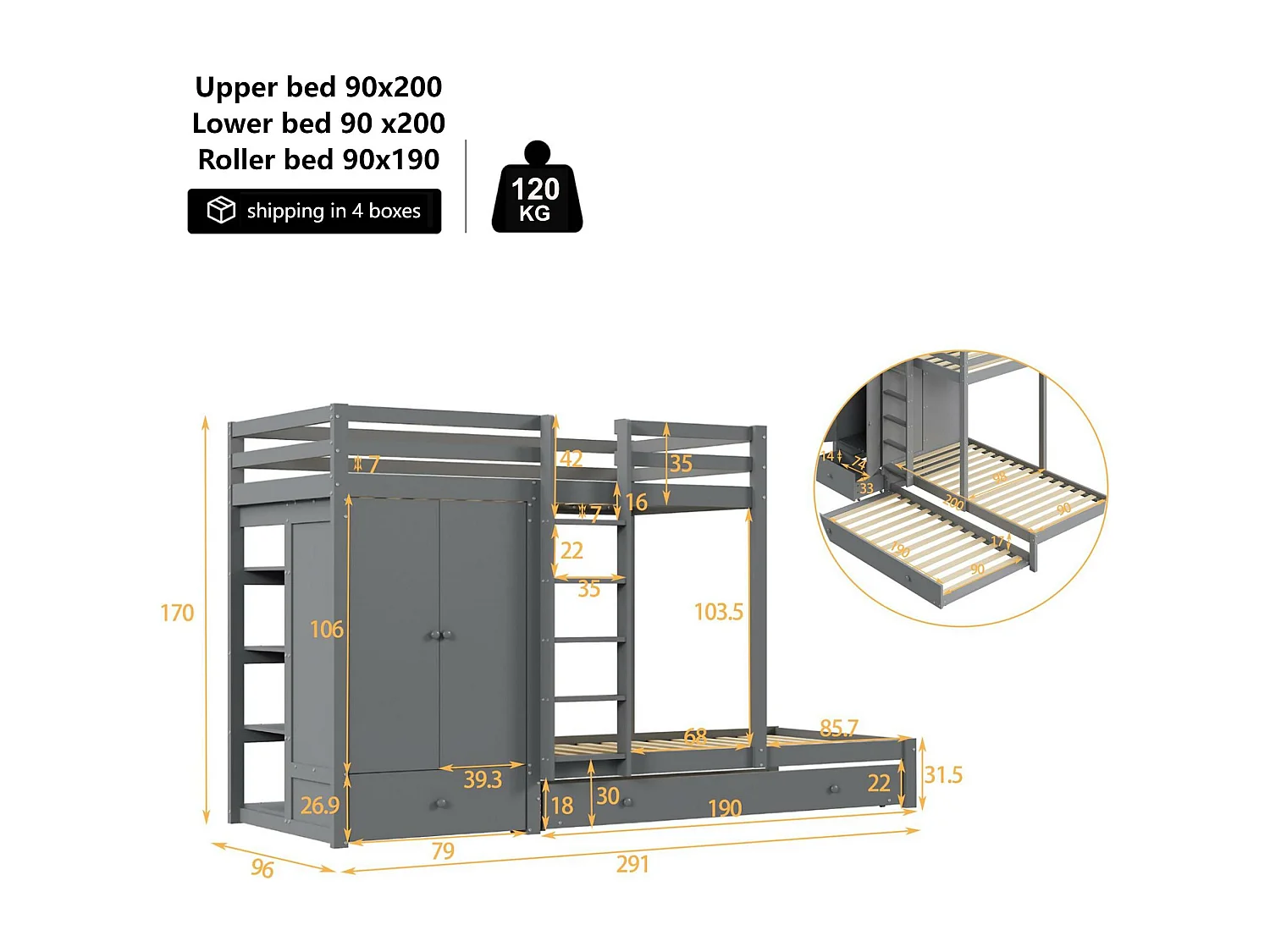 Kombiniertes Etagenbett 2x90x200 cm + Ausziehbett 90x190 cm – mit 1 Kleiderschrank, 2 Schubladen und Regalen – Grau
