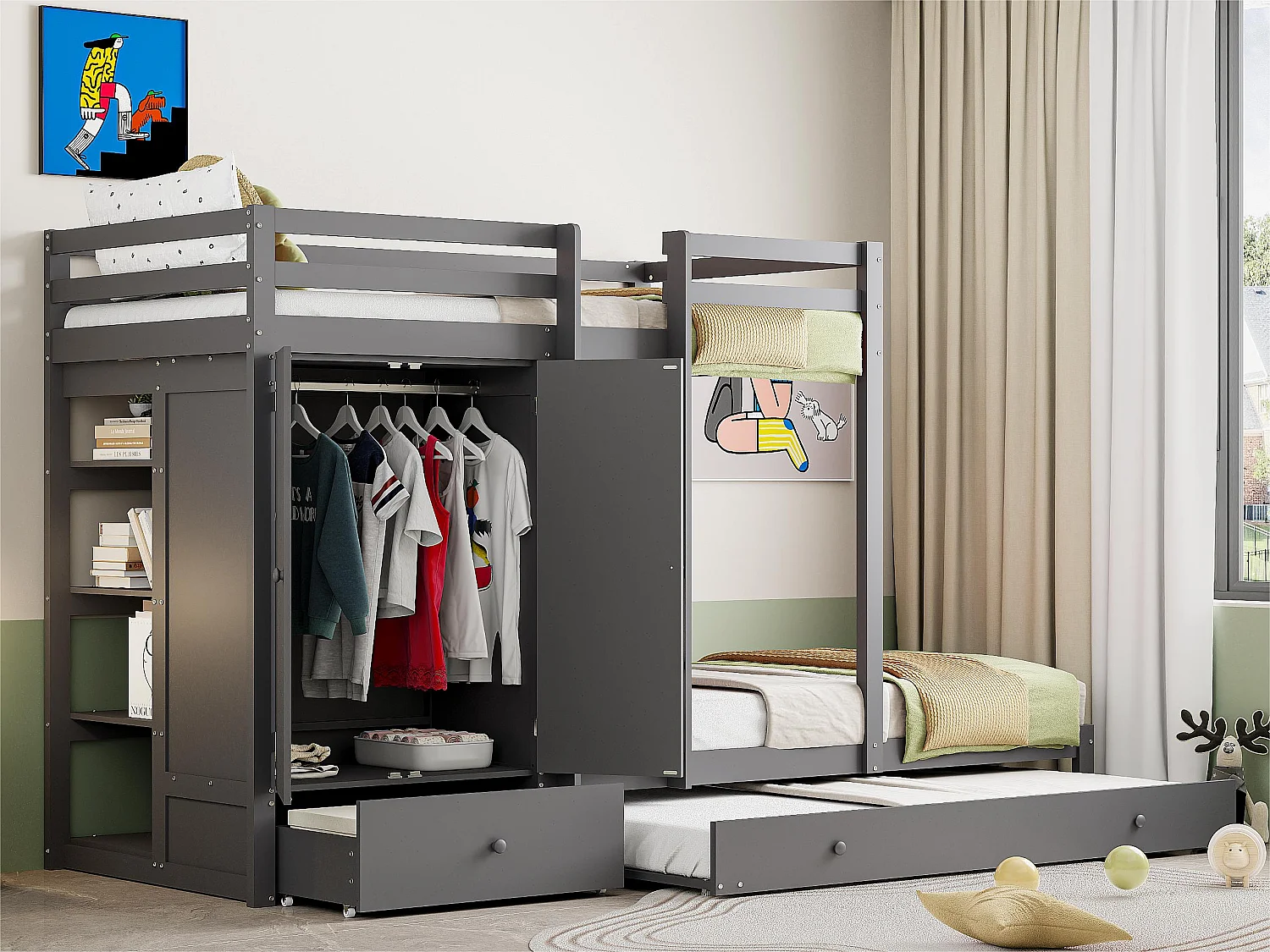 Gecombineerd stapelbed 2x90x200 cm + onderschuifbed 90x190 cm - met 1 kledingkast, 2 lades en planken - Grijs