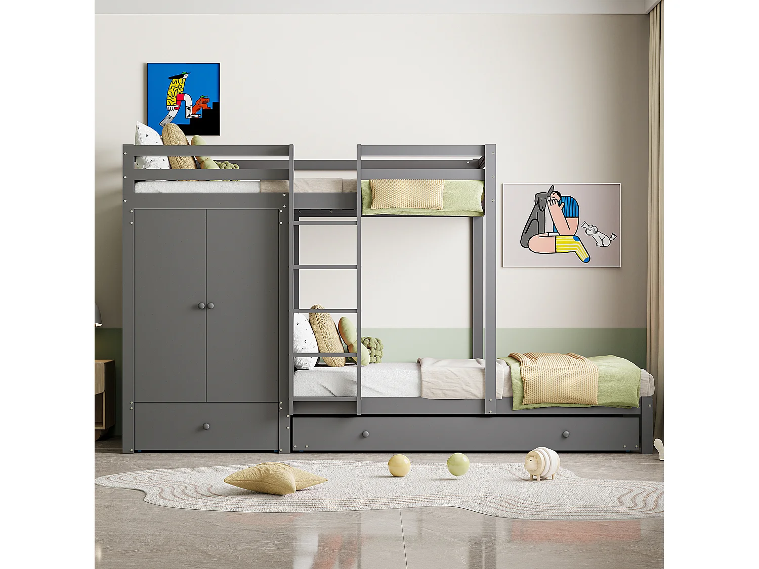 Gecombineerd stapelbed 2x90x200 cm + onderschuifbed 90x190 cm - met 1 kledingkast, 2 lades en planken - Grijs