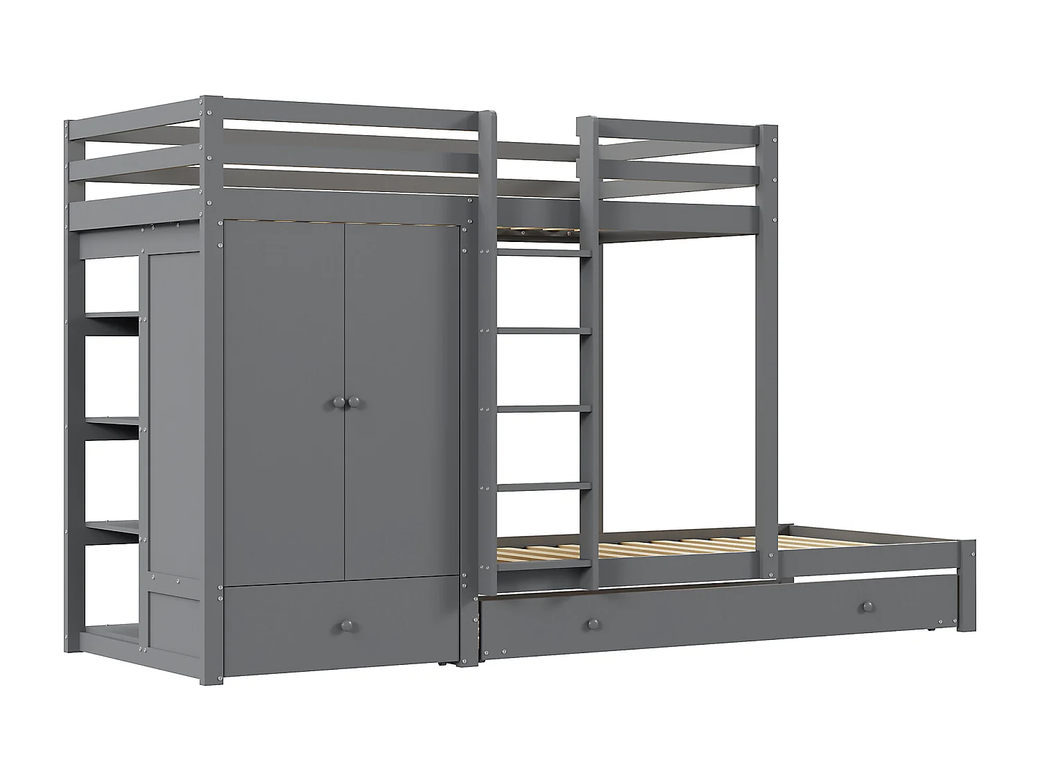 Gecombineerd stapelbed 2x90x200 cm + onderschuifbed 90x190 cm - met 1 kledingkast, 2 lades en planken - Grijs