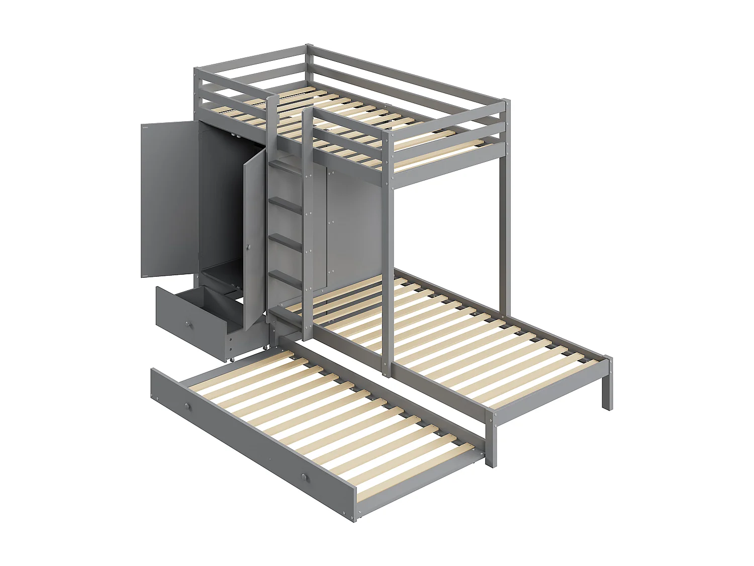 Gecombineerd stapelbed 2x90x200 cm + onderschuifbed 90x190 cm - met 1 kledingkast, 2 lades en planken - Grijs