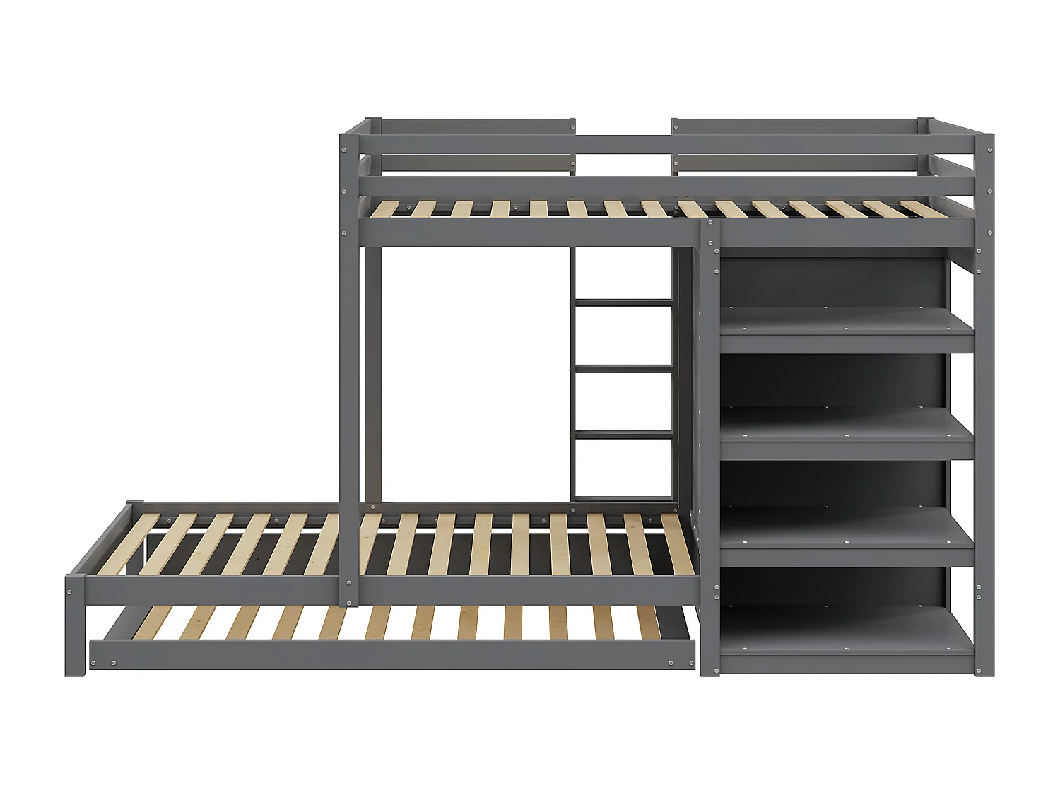 Gecombineerd stapelbed 2x90x200 cm + onderschuifbed 90x190 cm - met 1 kledingkast, 2 lades en planken - Grijs