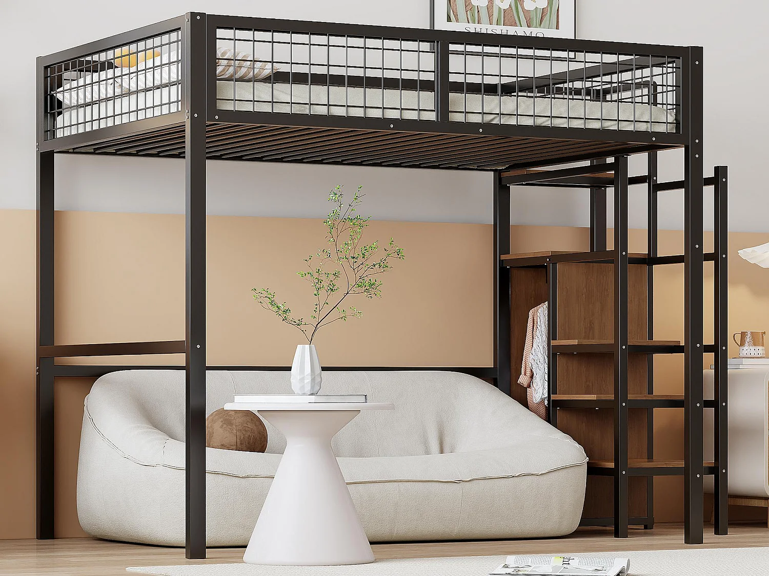 Lit mezzanine enfant 140x200 cm avec structure en fer - avec échelle de rangement et une penderie - Noir