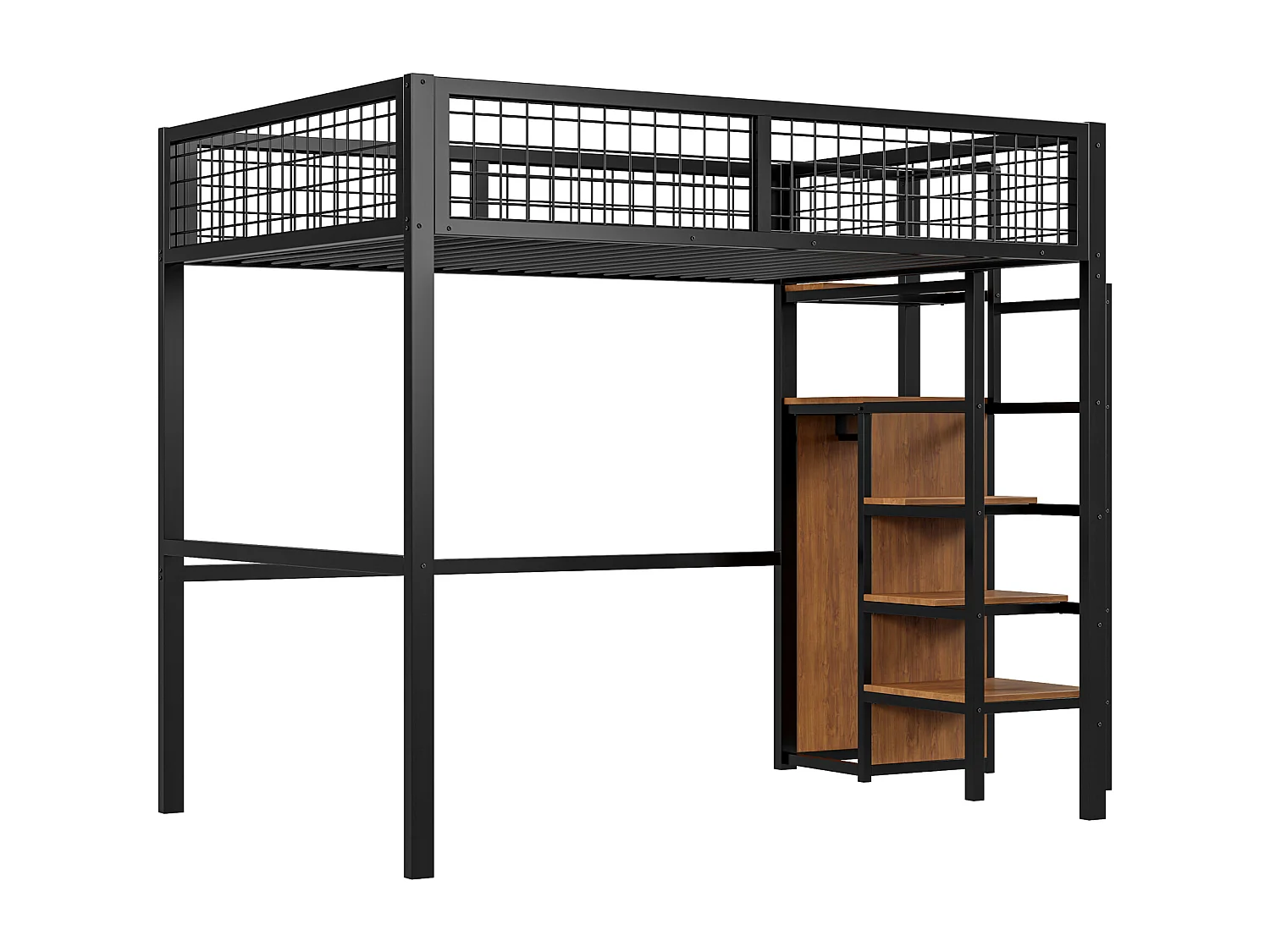 Lit mezzanine enfant 140x200 cm avec structure en fer - avec échelle de rangement et une penderie - Noir
